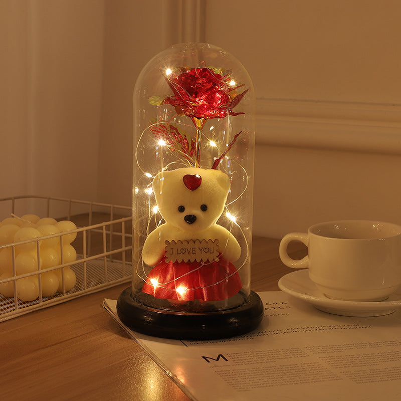 Forever Preserved Rose With Bear In Glass Dome, Flower Night Light