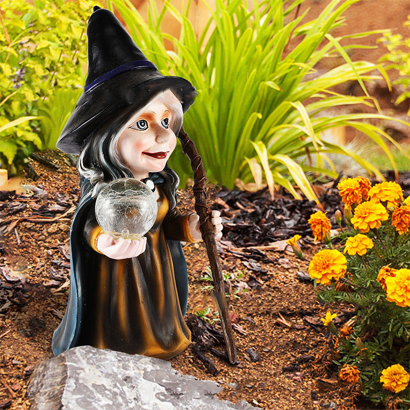 Magic Witch Holding Magic Wand And Solar Crystal Ball Light, Solar Christmas Light, Solar Garden Decoration