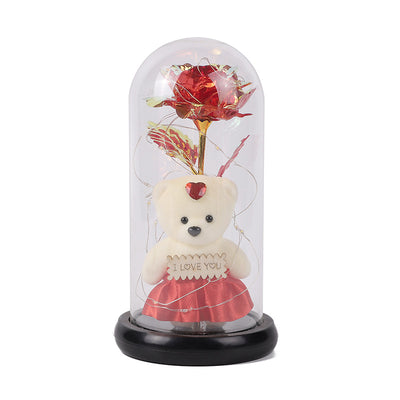 Forever Preserved Rose With Bear In Glass Dome, Flower Night Light