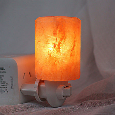 Plug In Salt Night Light, Mini Hand Carved Himalayan Cylinder Salt Light