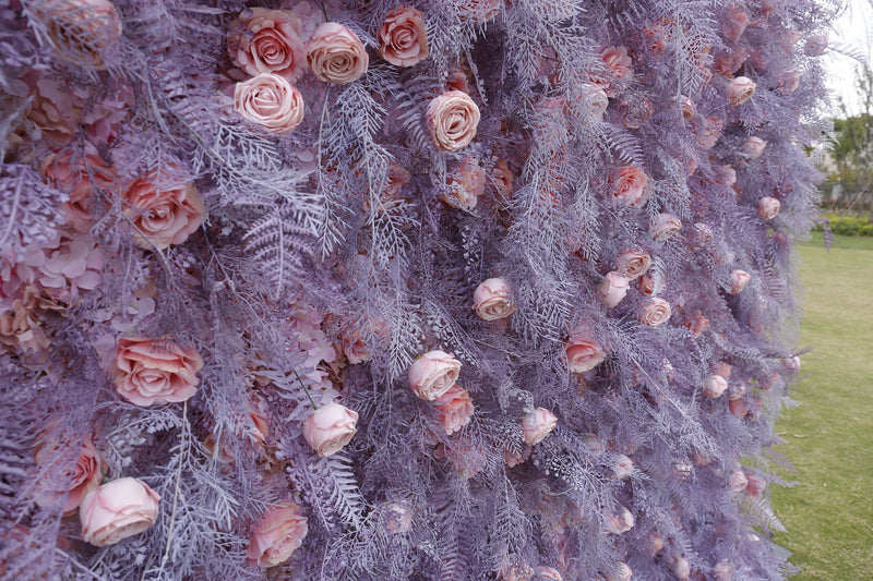 Pink Rose and Purple Grass Cloth Roll Up Flower Wall Fabric Hanging Curtain Plant Wall Event Party Wedding Backdrop