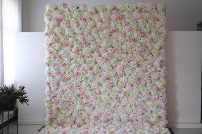 Pink roses and white hydrangeas Cloth Roll Up Flower Wall Fabric Hanging Curtain Plant Wall Event Party Wedding Backdrop