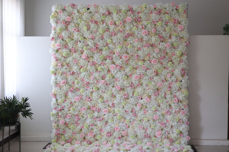 Pink roses and white hydrangeas Cloth Roll Up Flower Wall Fabric Hanging Curtain Plant Wall Event Party Wedding Backdrop