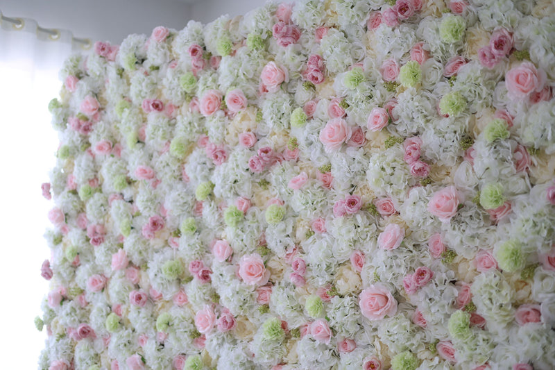 Pink roses and white hydrangeas Cloth Roll Up Flower Wall Fabric Hanging Curtain Plant Wall Event Party Wedding Backdrop