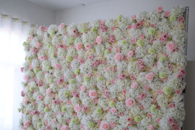 Pink roses and white hydrangeas Cloth Roll Up Flower Wall Fabric Hanging Curtain Plant Wall Event Party Wedding Backdrop