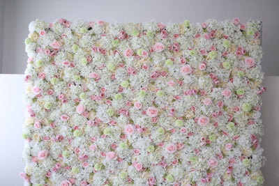 Pink roses and white hydrangeas Cloth Roll Up Flower Wall Fabric Hanging Curtain Plant Wall Event Party Wedding Backdrop