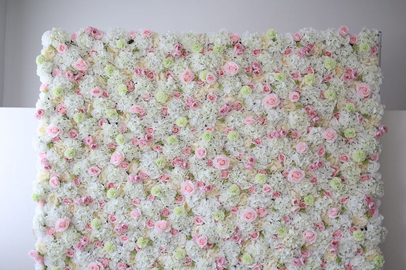 Pink roses and white hydrangeas Cloth Roll Up Flower Wall Fabric Hanging Curtain Plant Wall Event Party Wedding Backdrop