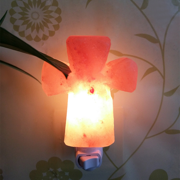 Plug In Salt Night Light, Mini Hand Carved Himalayan Cross Salt Light