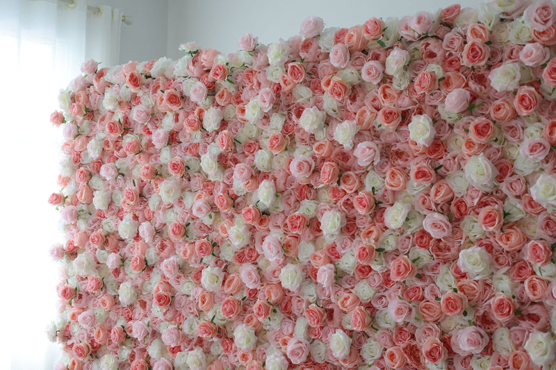 White and pink roses Cloth Roll Up Flower Wall Fabric Hanging Curtain Plant Wall Event Party Wedding Backdrop